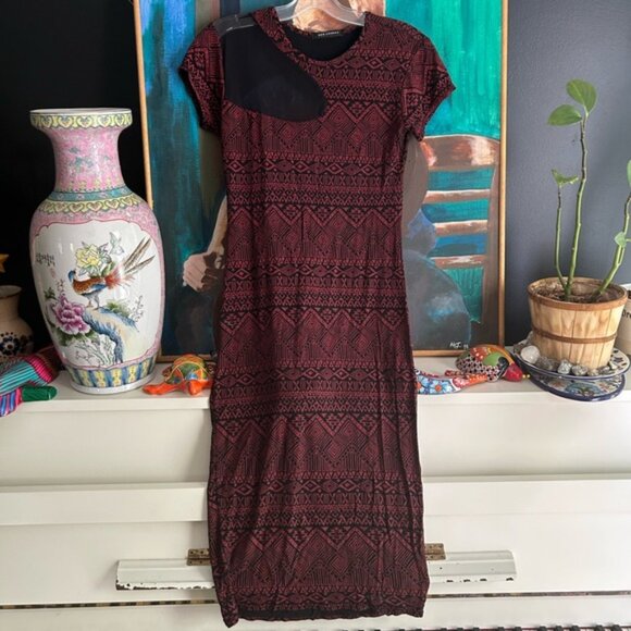 QED London Maroon and Black Geometric Short Sleeve Bodycon Dress Large - Picture 14 of 16